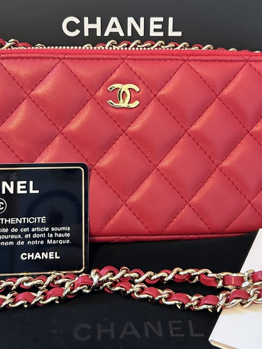 CHANEL Double Zip Bag in Pink Lambskin & Gold Hardware w box, dust bag, card